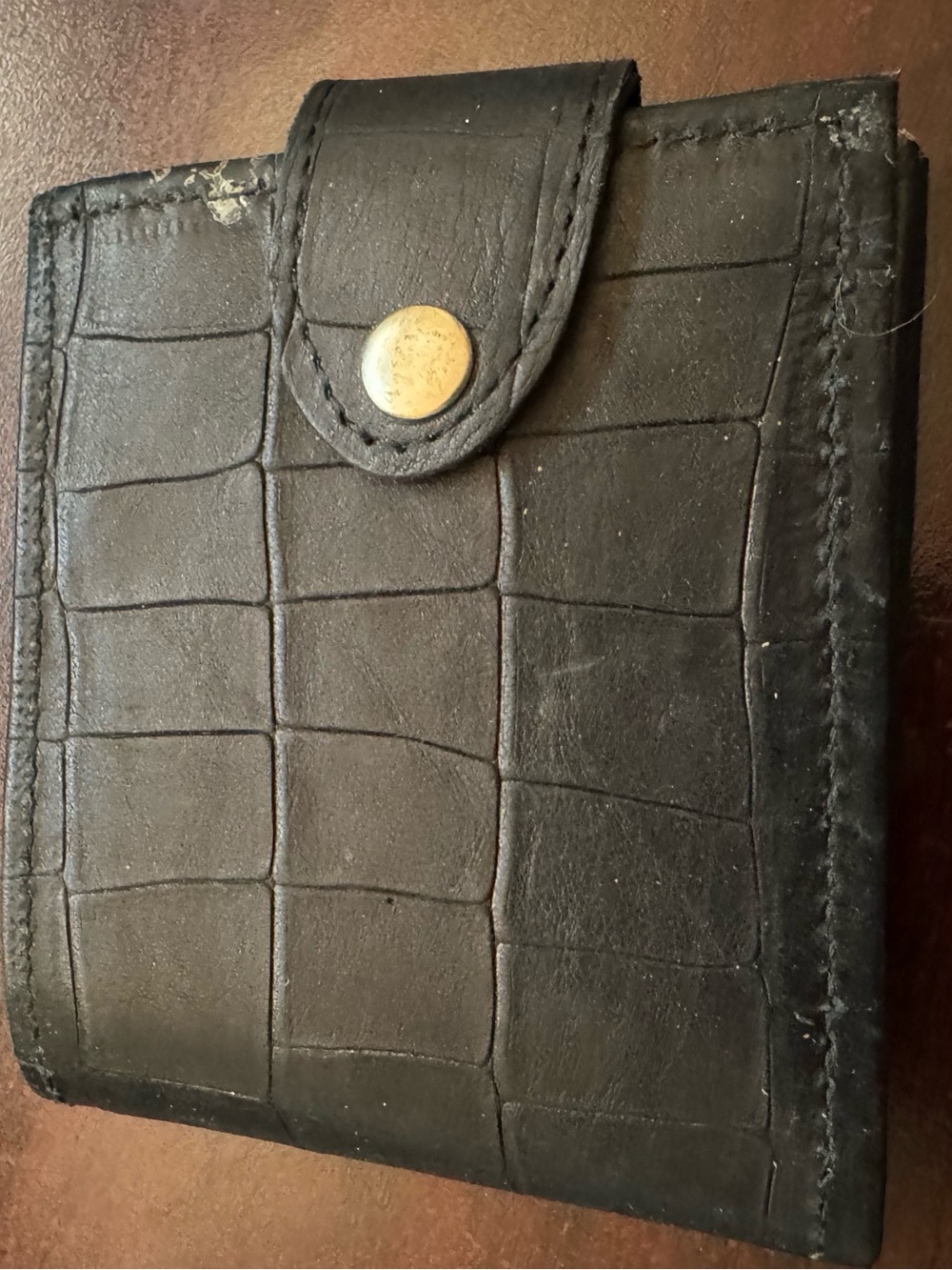 Croc-Embossed Black Leather Bifold Wallet with Snap